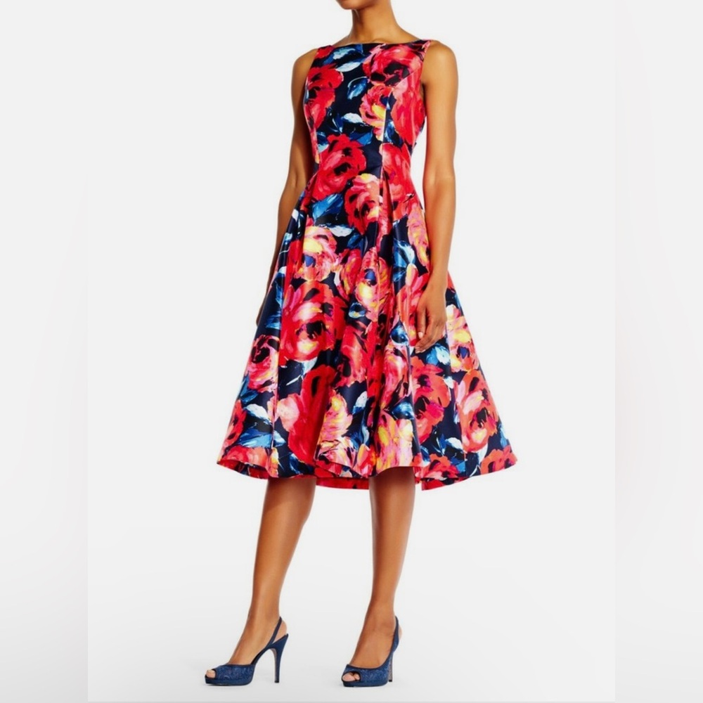 Adrianna Papell Size 4 Floral Mikado Midi Dress Red Blue Bateau Neck Pockets